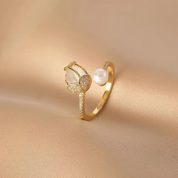 Pink Cubic Zirconia Tulip Pearl Adjustable Fashion Ring - Picture 5 of 5